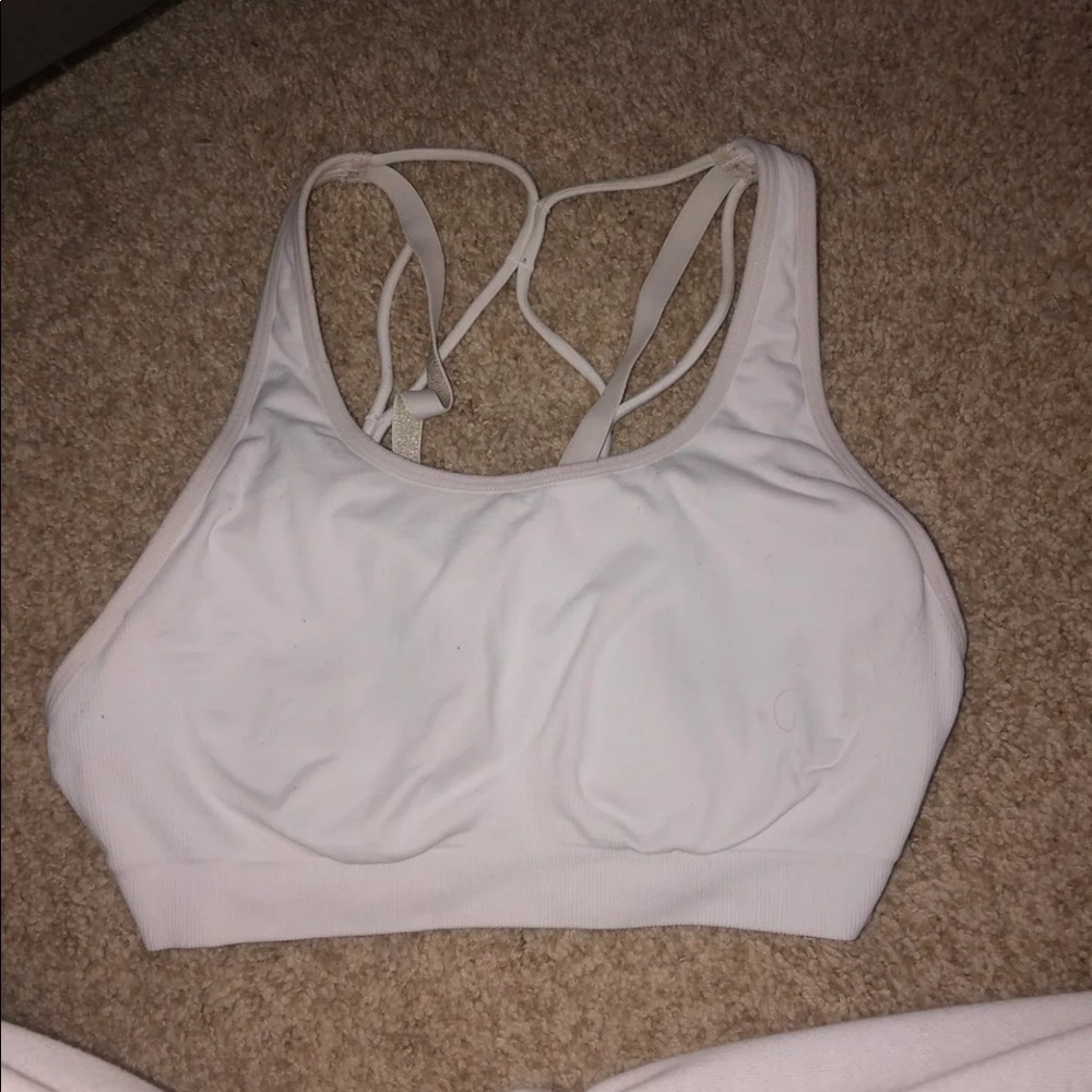 white fabletics sports bra